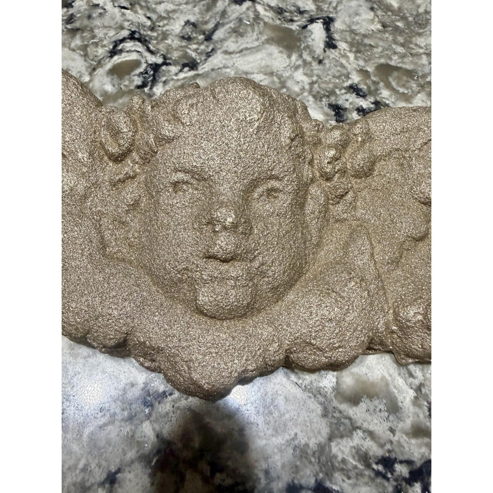 VTG Art Nouveau Gold Plaster Cherub Angel W/Wings Wall Plaque 15'x4.5" Handmade